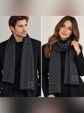 Louis Vuitton Petit Damier Graphite Wool Scarf Black Gray LV EUC